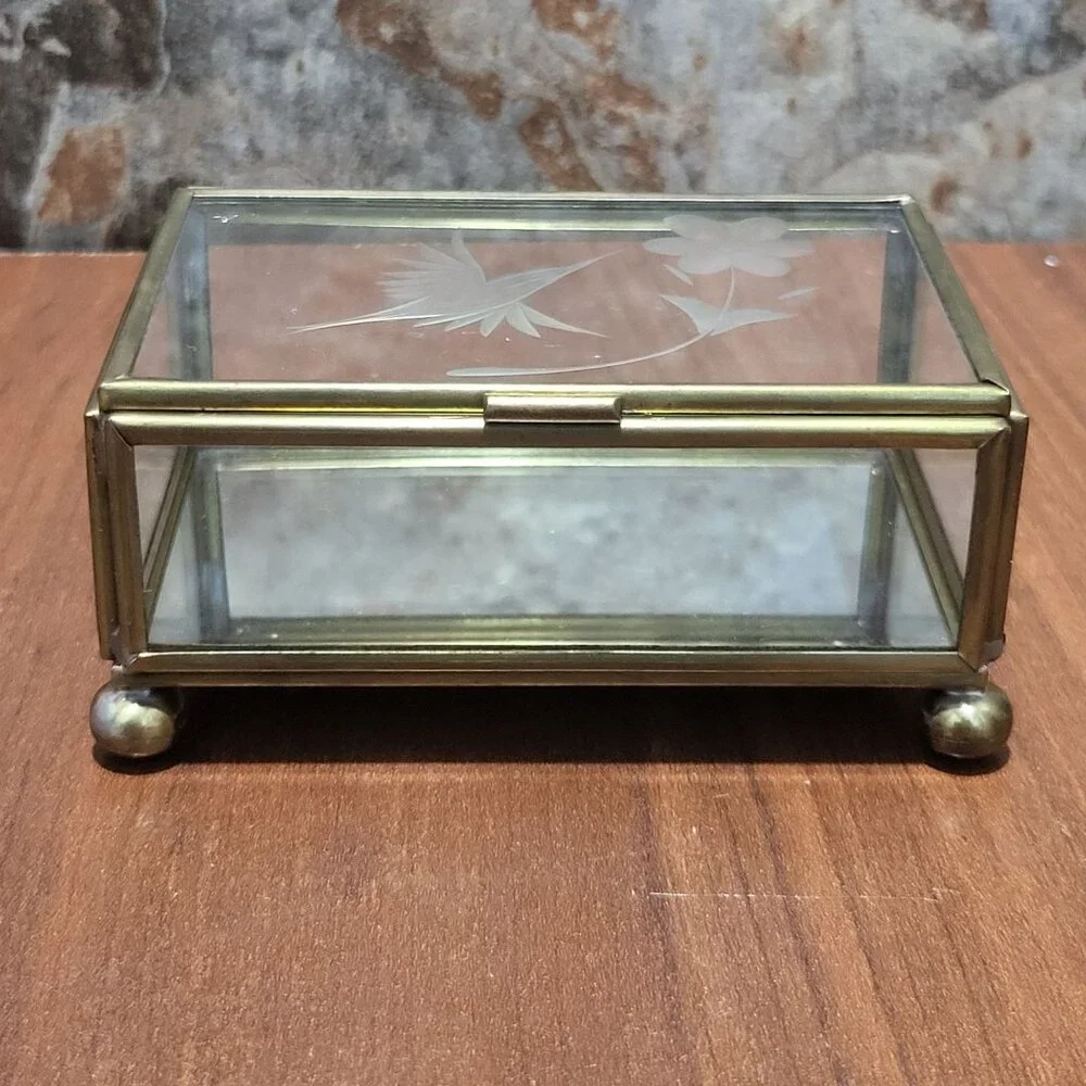 Vintage Trinket Box Hinged Lid Etched Bird Flower Glass Brass Trim Footed Jewelr